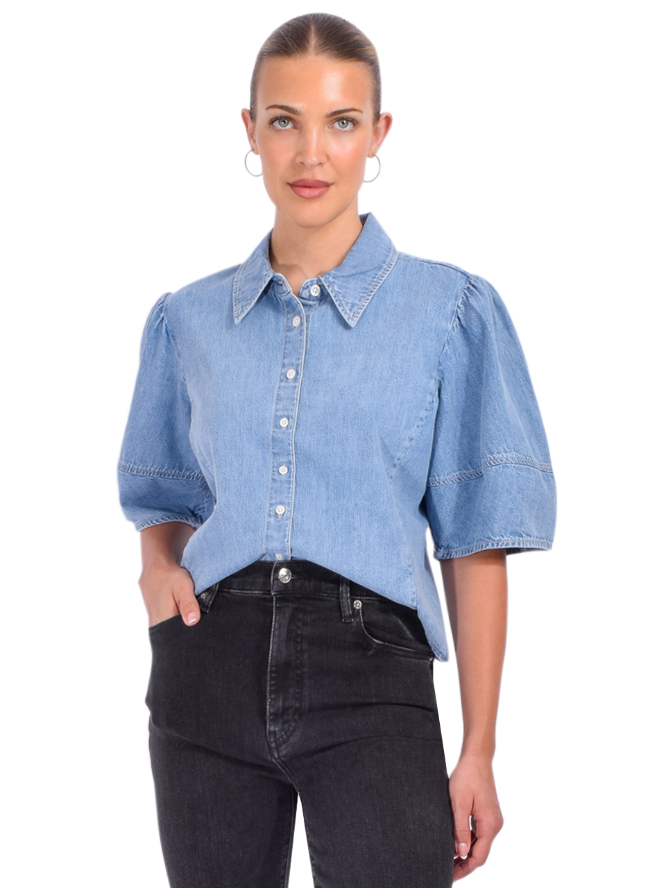 FRAME Denim Lantern Blouse in Aphrodite Front View 