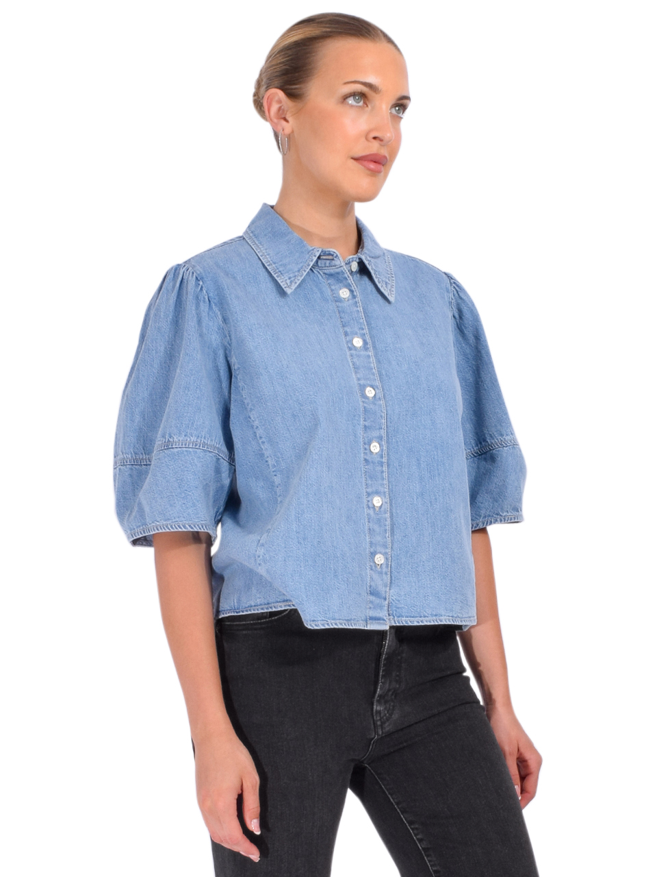 FRAME Denim Lantern Blouse in Aphrodite Side View 