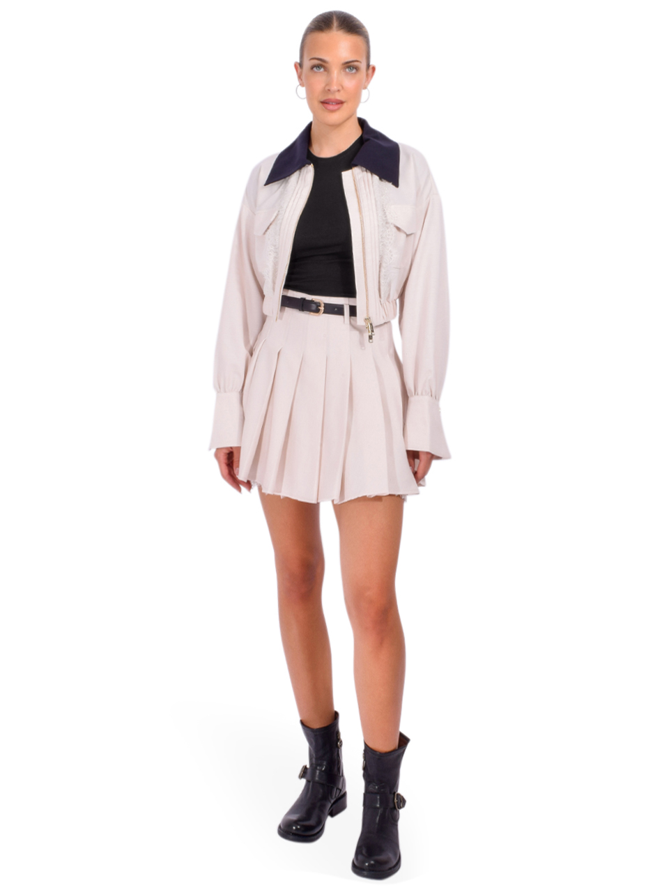 SELF-PORTRAIT Cream Twill Contrast Collar Jacket Full Outfit 