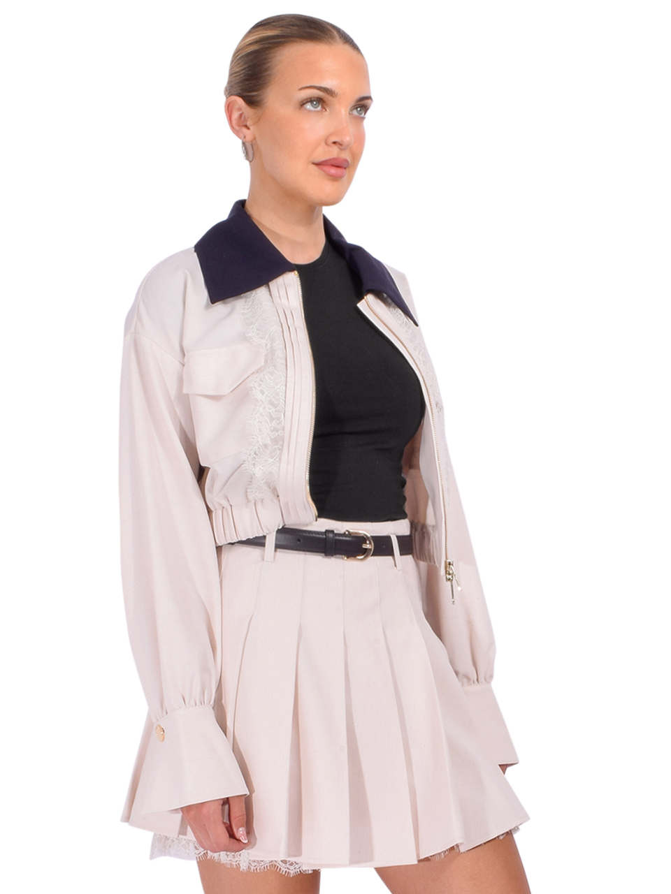 SELF-PORTRAIT Cream Twill Contrast Collar Jacket Side View 