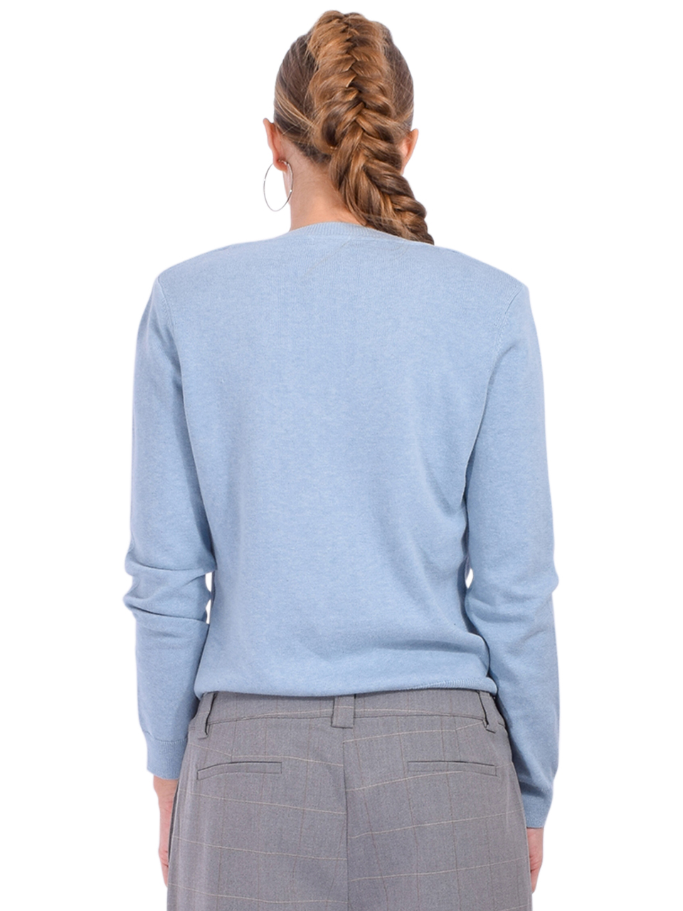 MINNIE ROSE Cotton Cashmere Power Shoulder V-Neck Sweater in Fresco Blue Back View 