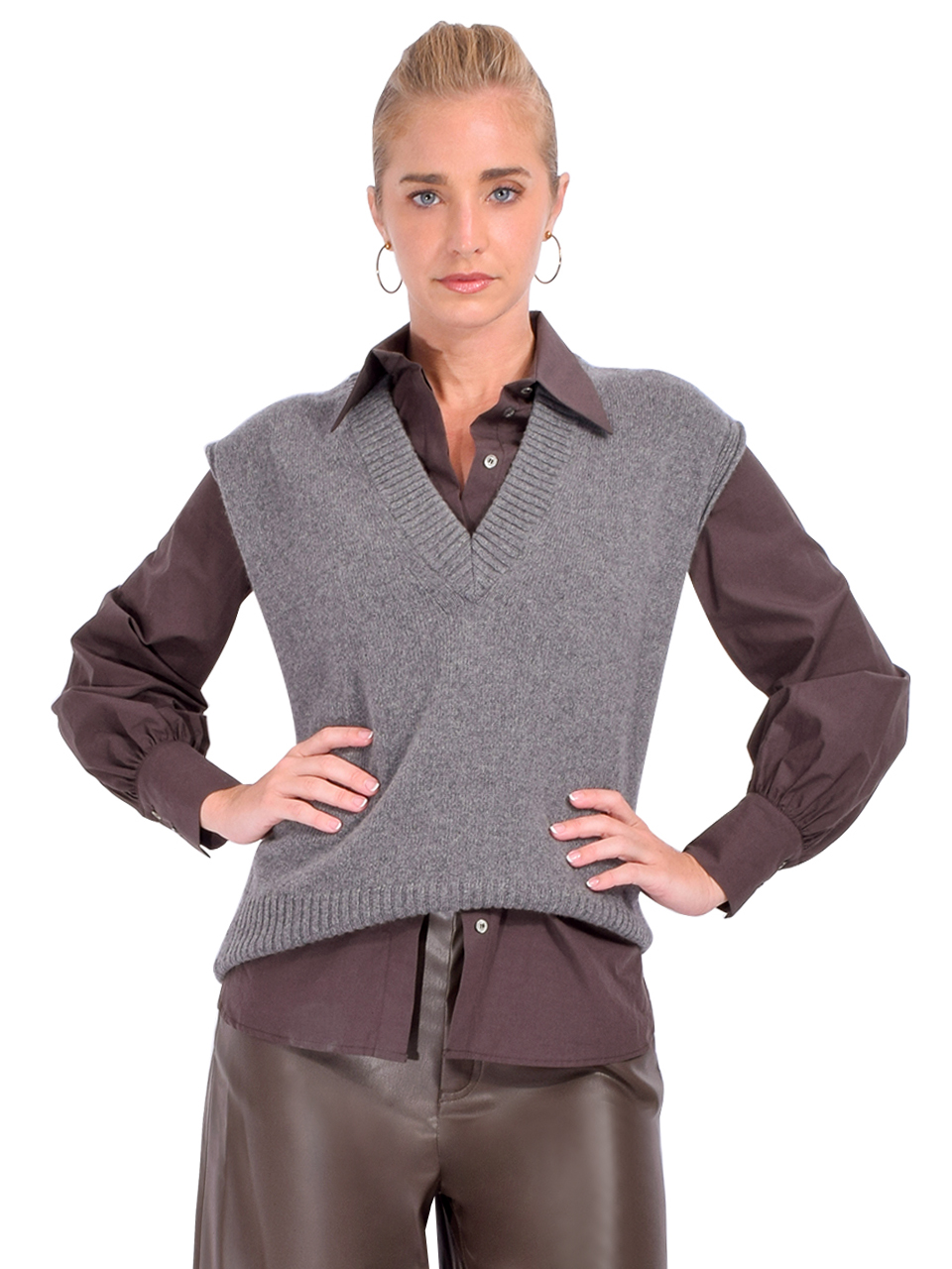OTTOD'AME Cashmere V-Neck Sweater Vest in Gray Front View 