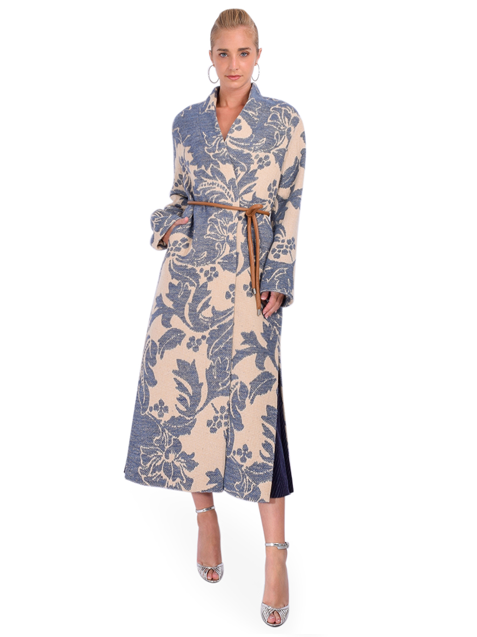 OTTOD'AME Printed Shawl Collar Coat with Belt in Cream/Blue Front View 2