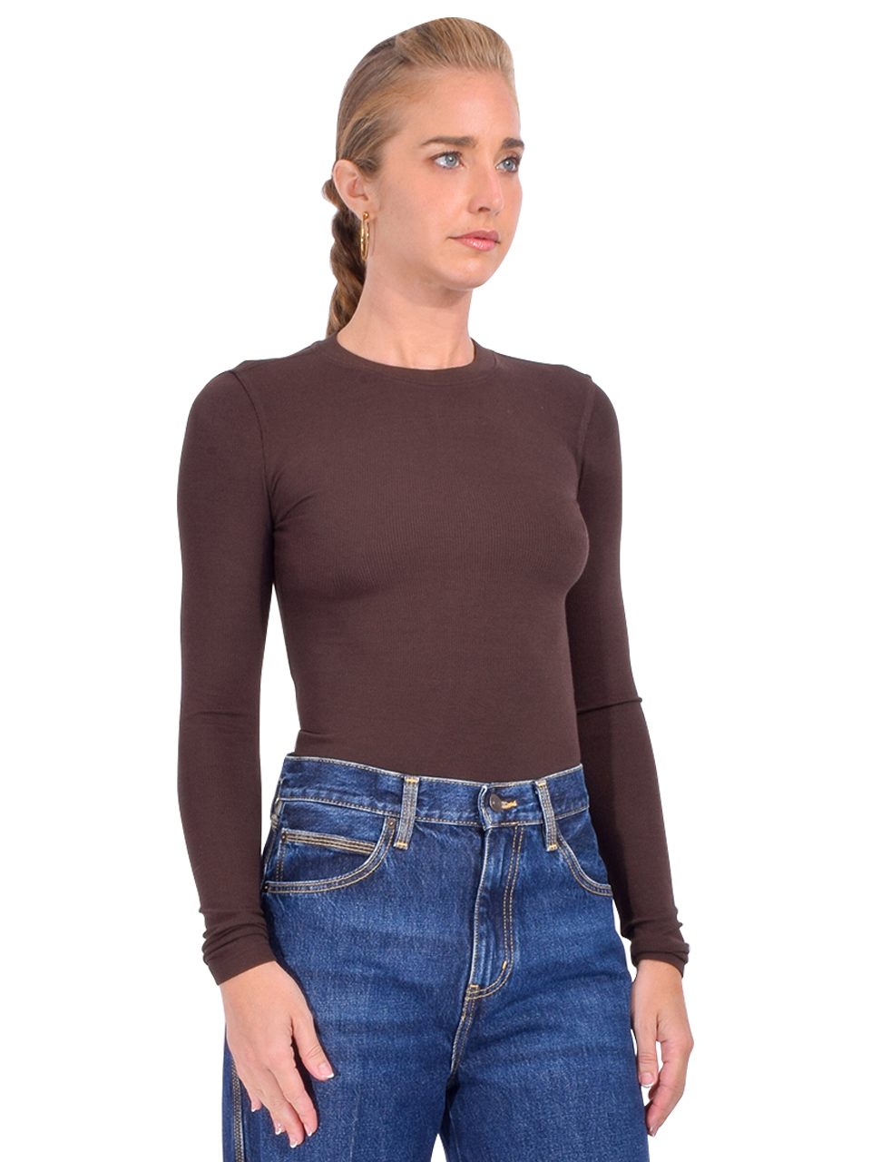 FRAME Rib Crewneck Long-Sleeve T-Shirt in Coffee Side View 