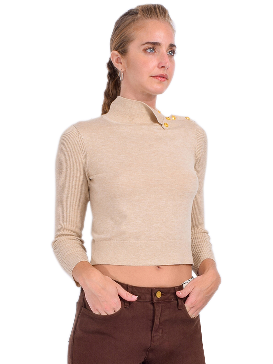 L'AGENCE Kamdyn Mock-Neck Top in Warm Sand/ Gold Side View

