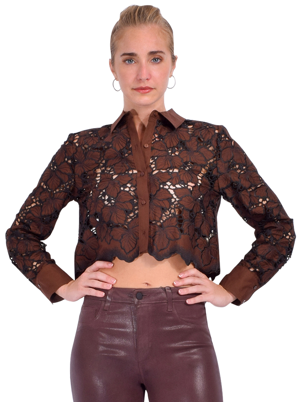 L'AGENCE Seychelle Cropped Eyelet Blouse in Hot Fudge/ Black