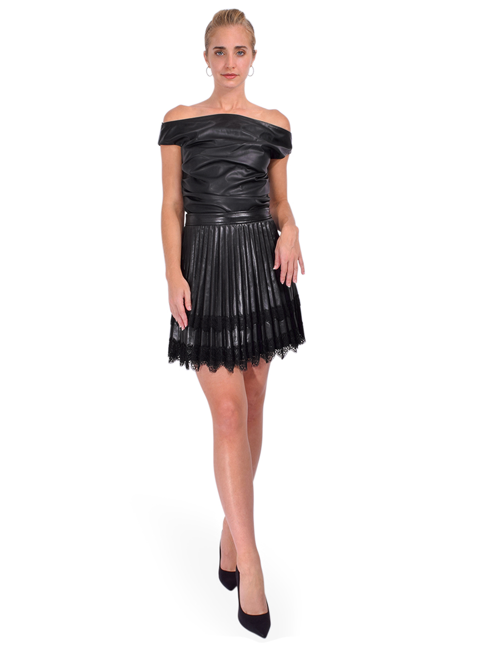 Cinq à Sept Vegan Leather Laney Pleated Mini Skirt in Black Full Outfit 