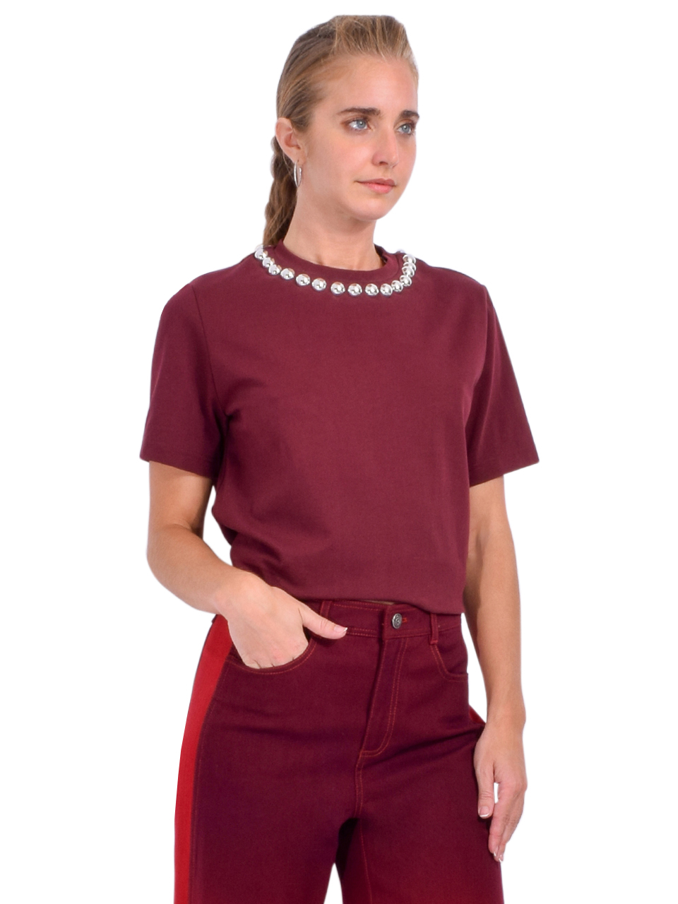 Essentiel Antwerp Intenso T-shirt with Metallic Pearl-Style Embellishments in Burgundy Side View 