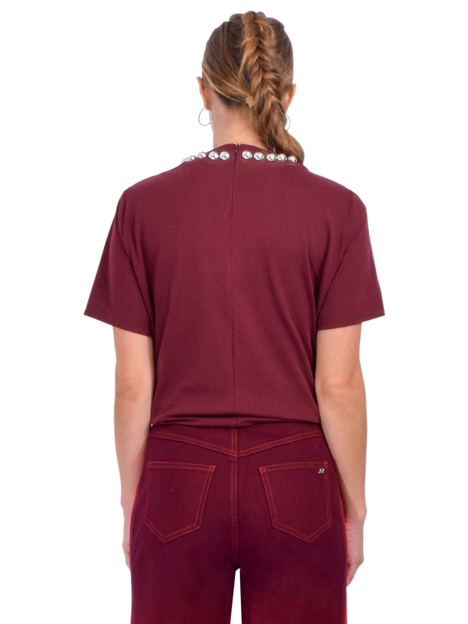 Essentiel Antwerp Intenso T-shirt with Metallic Pearl-Style Embellishments in Burgundy Back View 