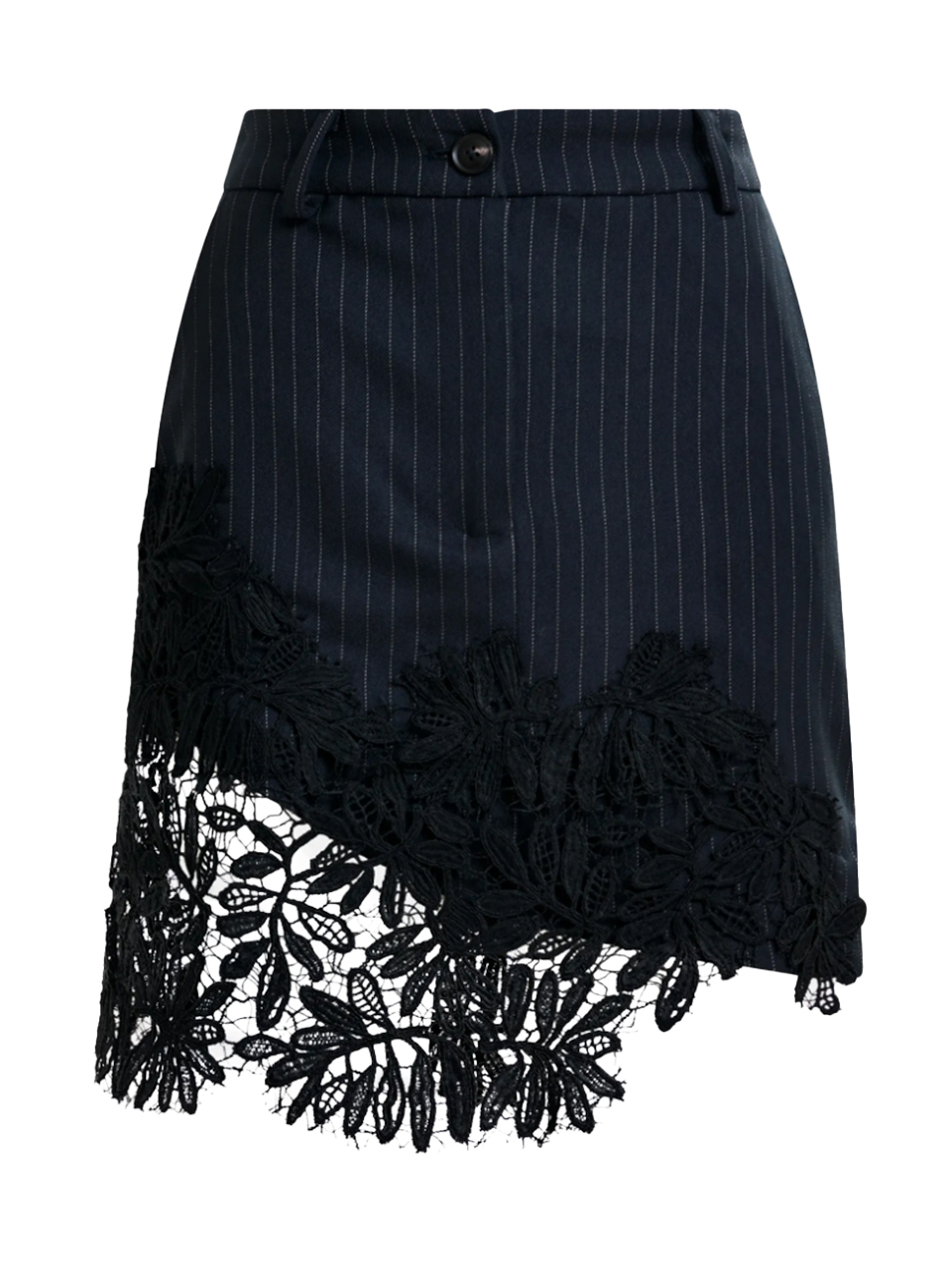 Essentiel Antwerp Pinstripe Asymmetric Skirt with Lace Appliqué In