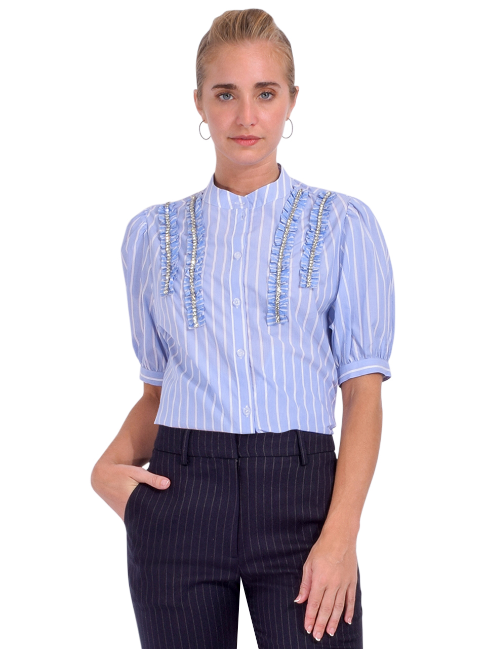Essentiel Antwerp Ifrill Rhinestone Frill Shirt in Pale Kingsblue Front View 