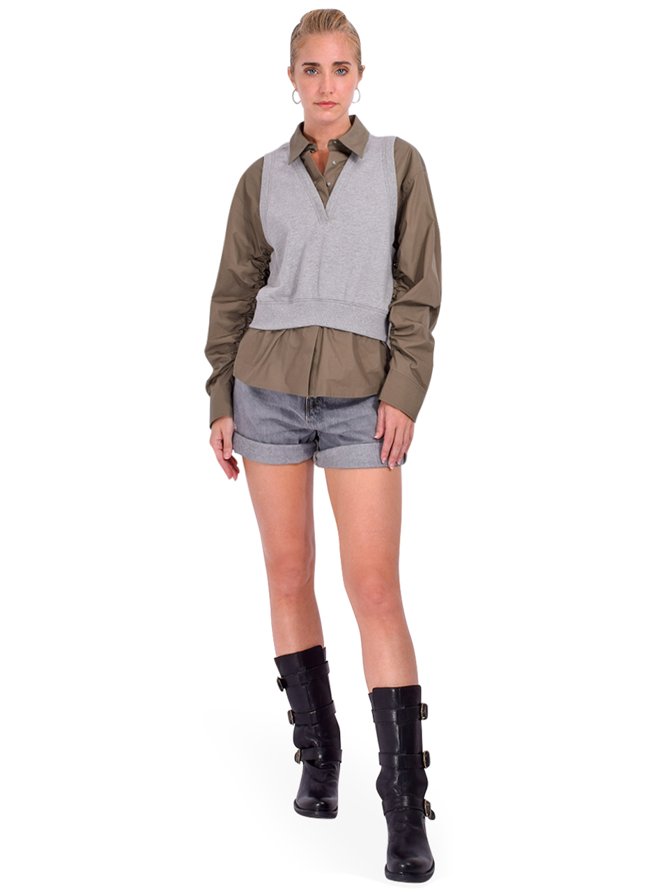 3.1 Phillip Lim Layered Vest Ruched Sleeve Shirt in Gray Melange Full Outfit 