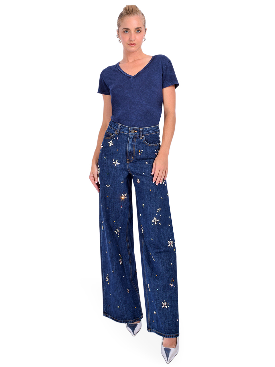 SELF-PORTRAIT Embellished Wide Leg Jean in Blue Full Outfit 