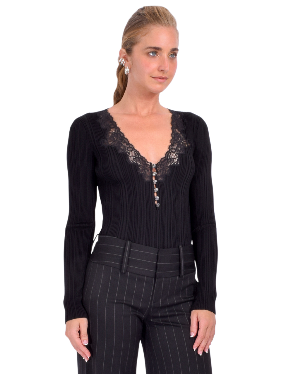 SELF-PORTRAIT Lace Trim Knit Top in Black