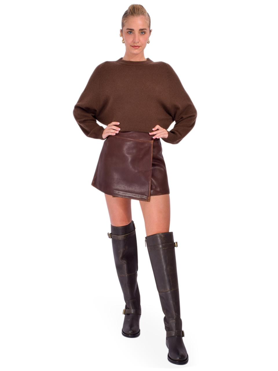 SIMKHAI Madeline Leather Mini Skirt in Distressed Chocolate
