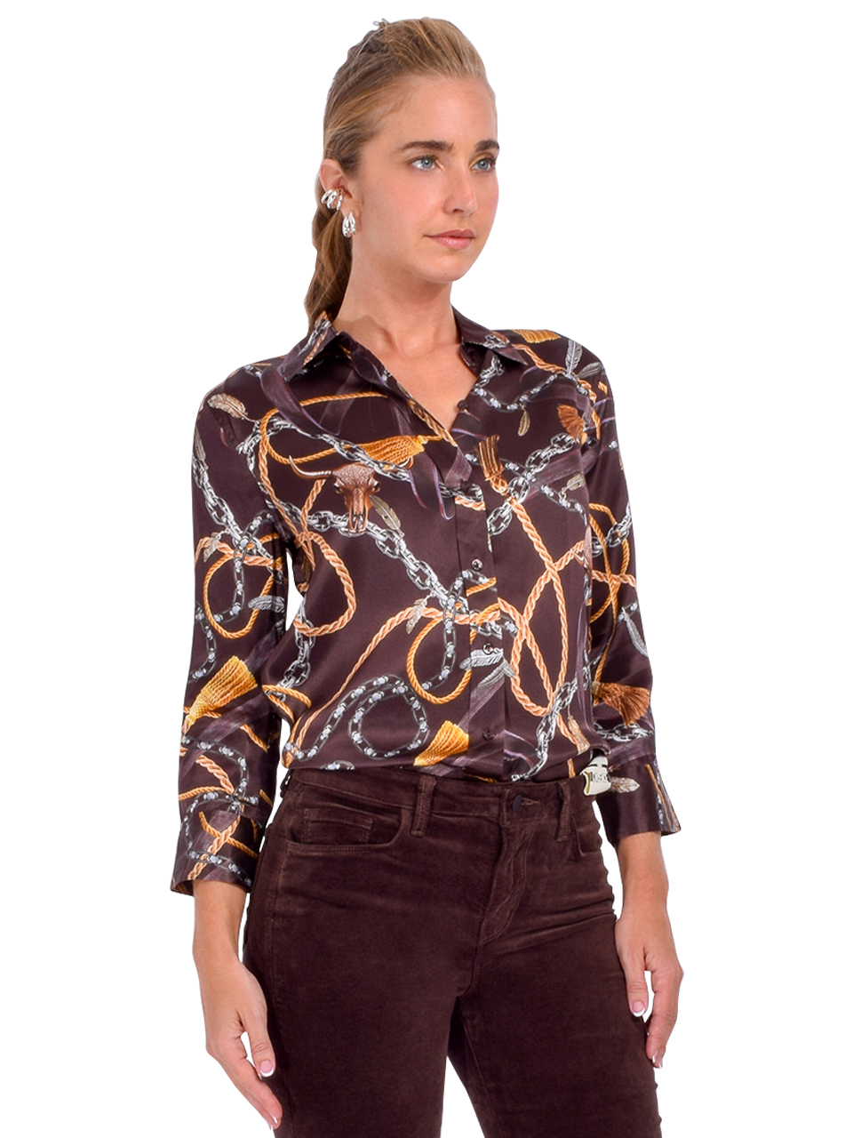 L'AGENCE Dani Silk Blouse in Coffee Bean Multi Western Side View 