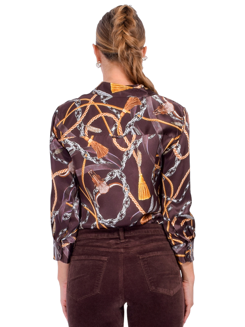 L'AGENCE Dani Silk Blouse in Coffee Bean Multi Western Back View 
