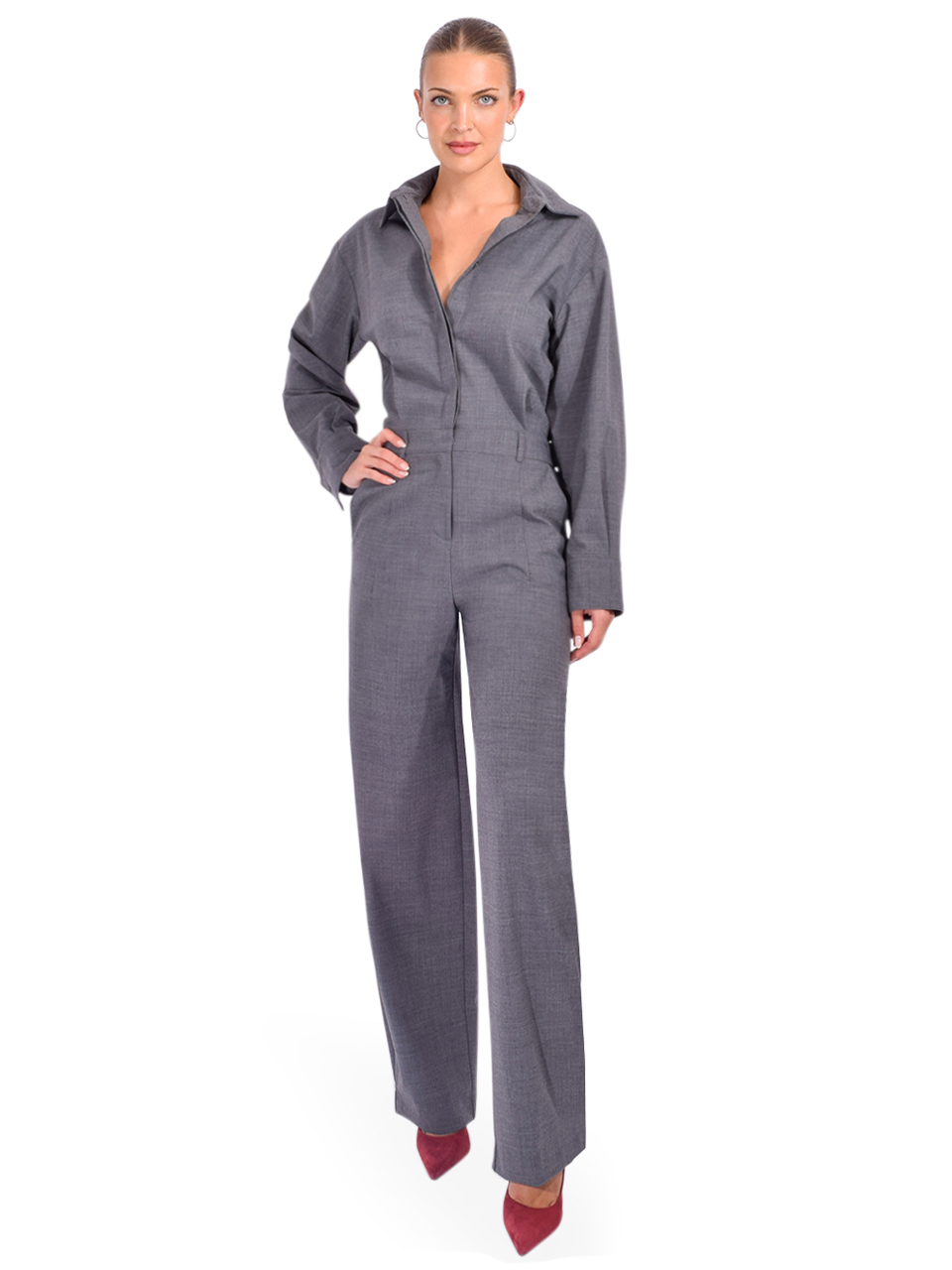 OTTOD'AME Jumpsuit with Collar in Gray Front View 2