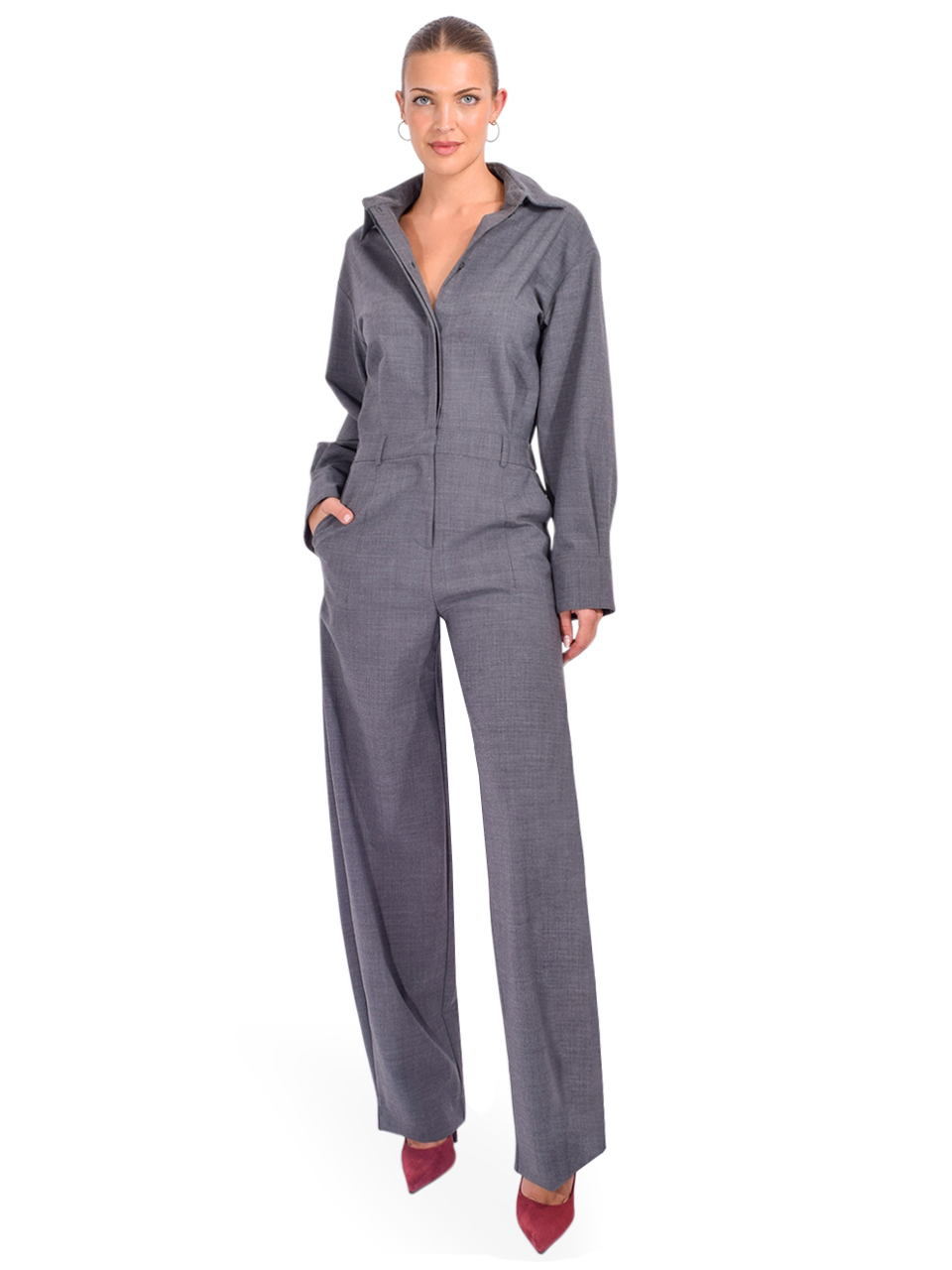 OTTOD'AME Jumpsuit with Collar in Gray Front View 1