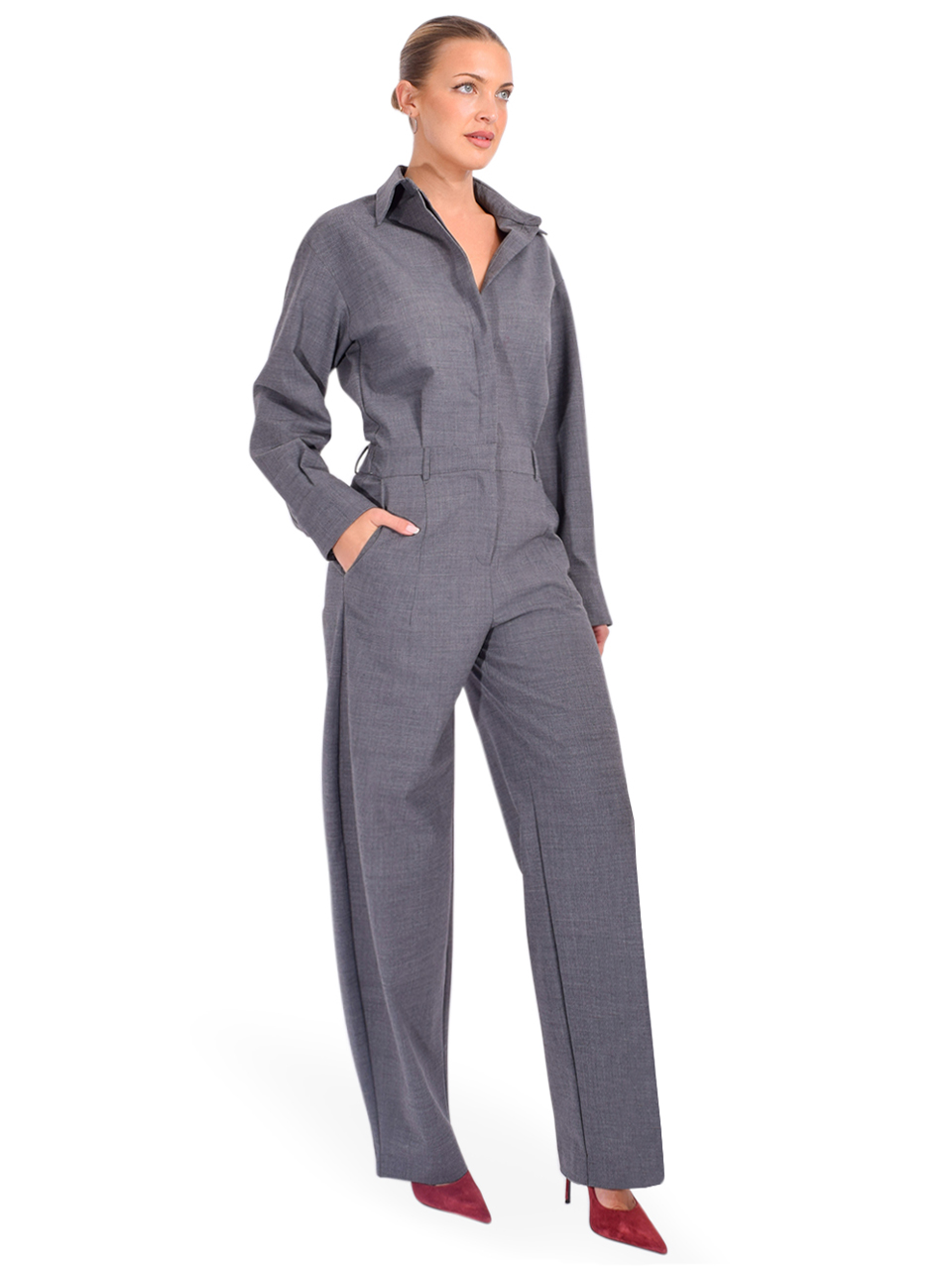 OTTOD'AME Jumpsuit with Collar in Gray Side View 