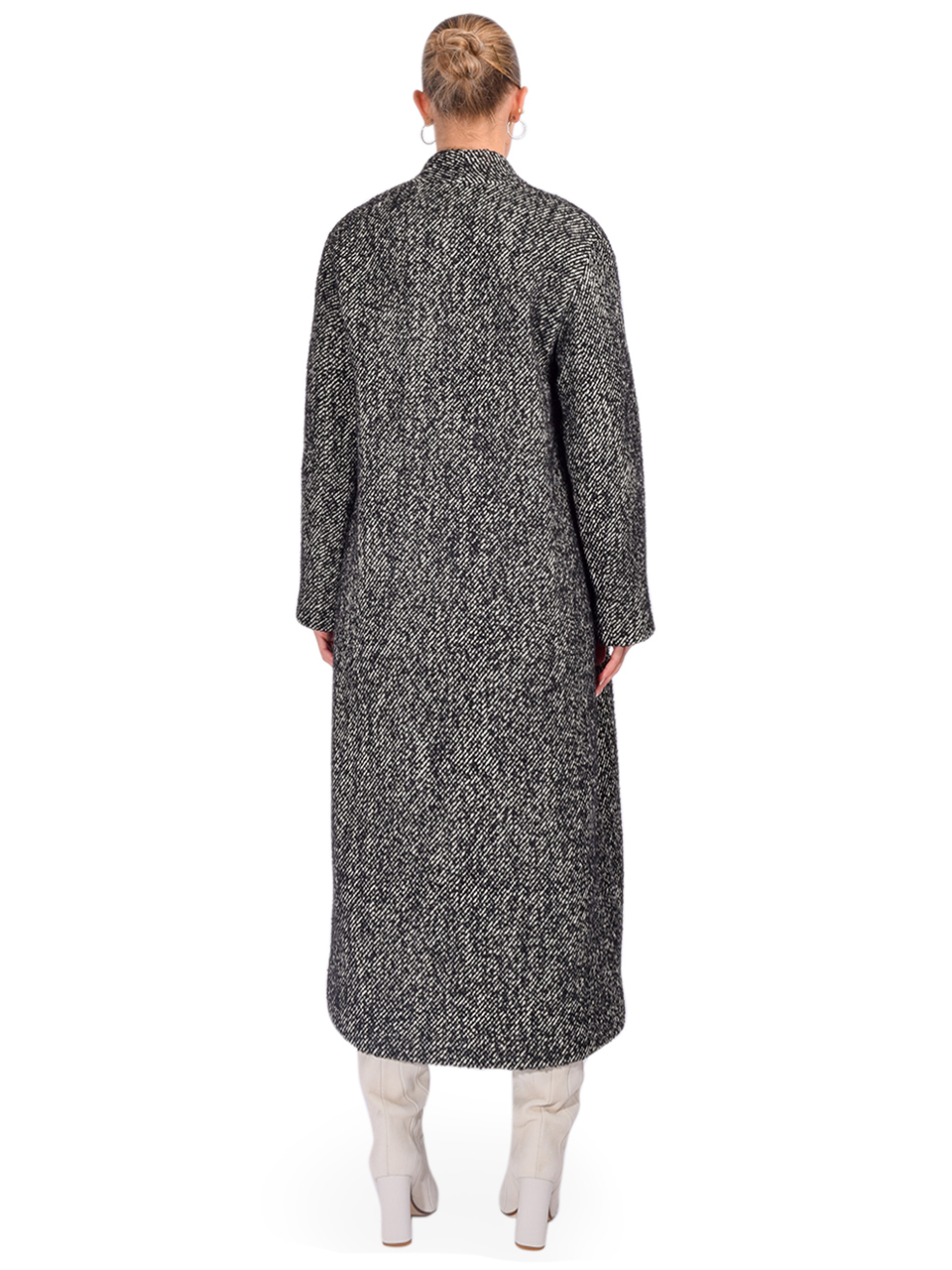OTTOD'AME Wool Blend Long Coat with Belt in Gray Multi Back View 
