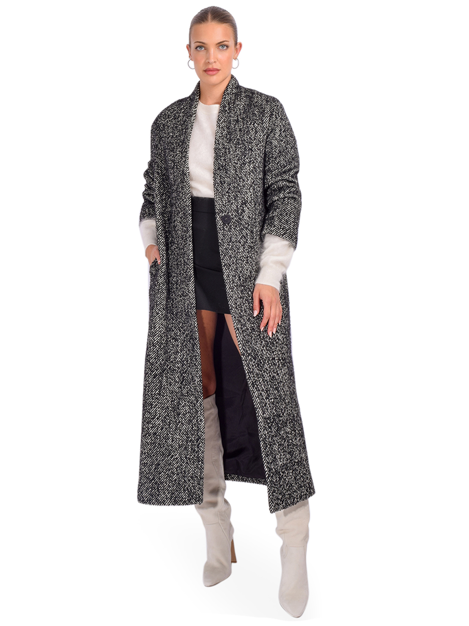 OTTOD'AME Wool Blend Long Coat with Belt in Gray Multi Front View 1