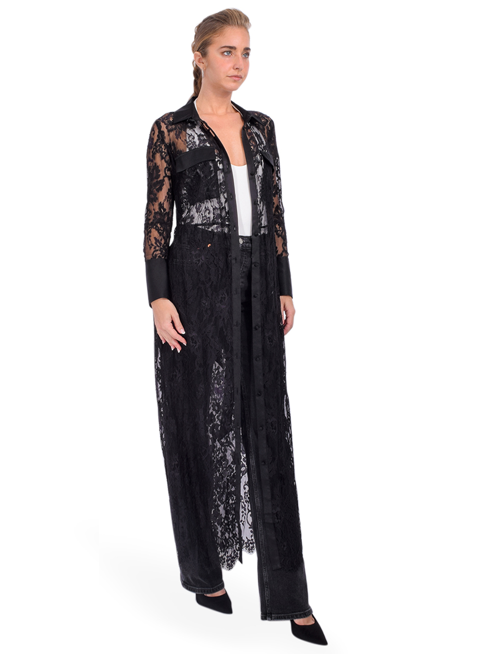 L'AGENCE Leora Lace Button Down Duster in Black Side View 