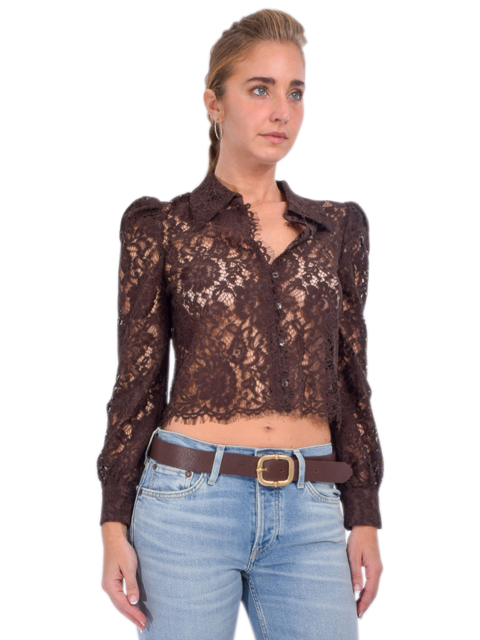 L'AGENCE Anita Lace Button Down Blouse in Dark Brown Side View 