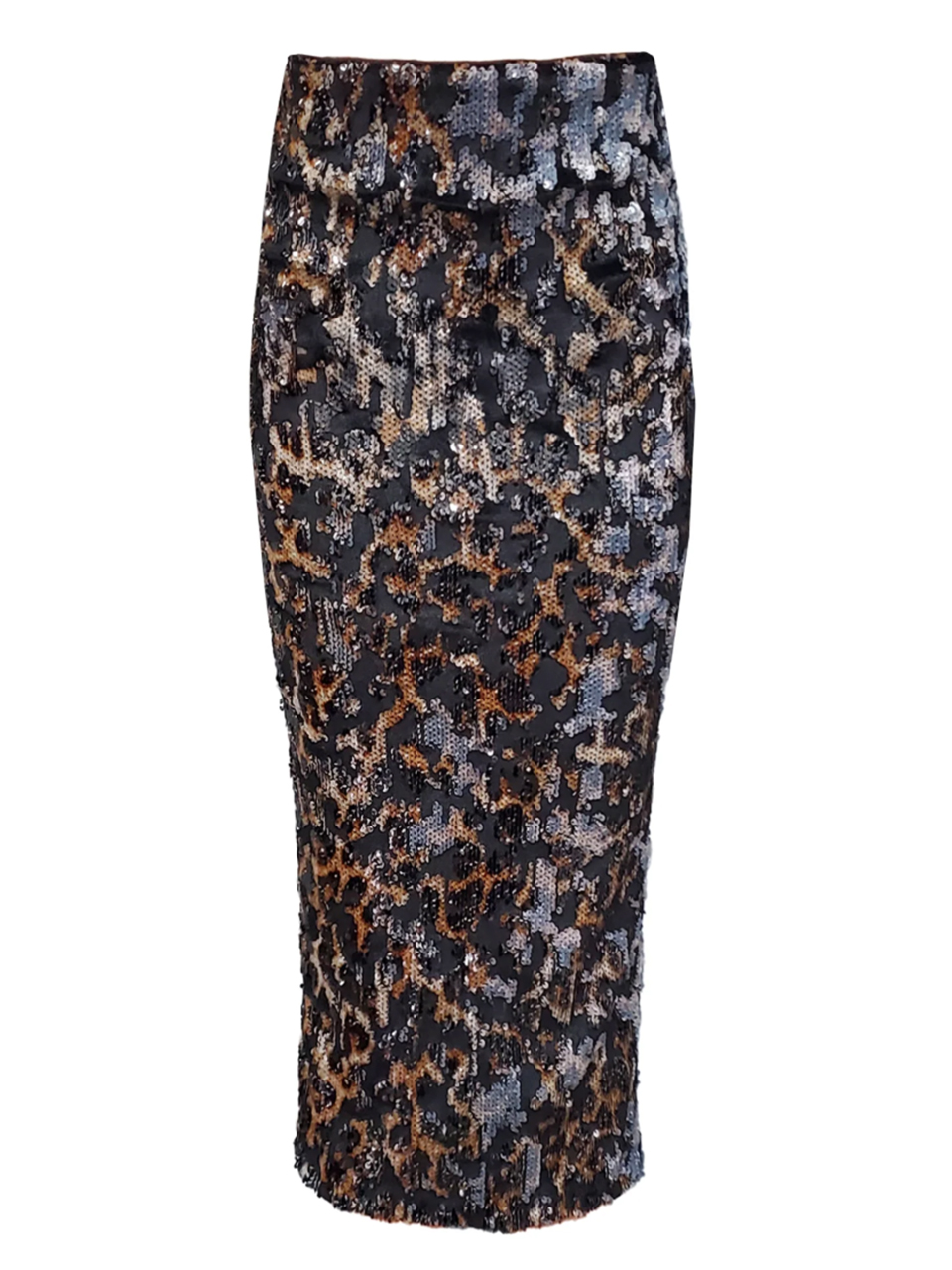 LE SUPERBE 3D Leopardo Liza Sequin Midi Skirt in Black Multi