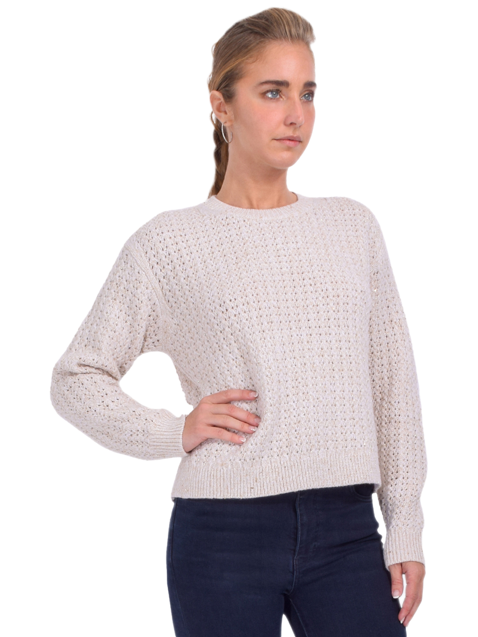ALICE + OLIVIA Liza Sparkle Pullover Sweater in Oatmeal Side View 