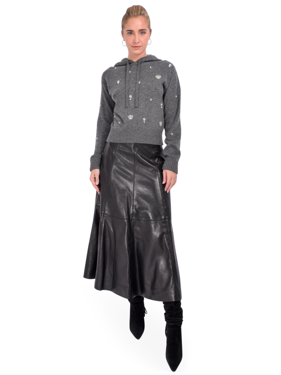 SIMKHAI Karmen Embellished Cashmere Hoodie in Charcoal Gray Full Outfit 

