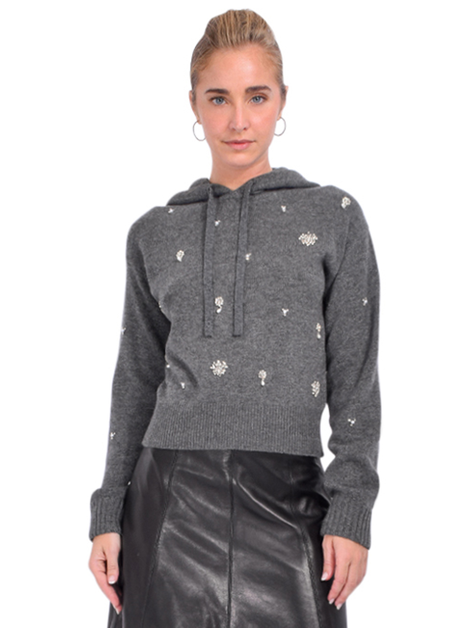 SIMKHAI Karmen Embellished Cashmere Hoodie in Charcoal Gray Front View 