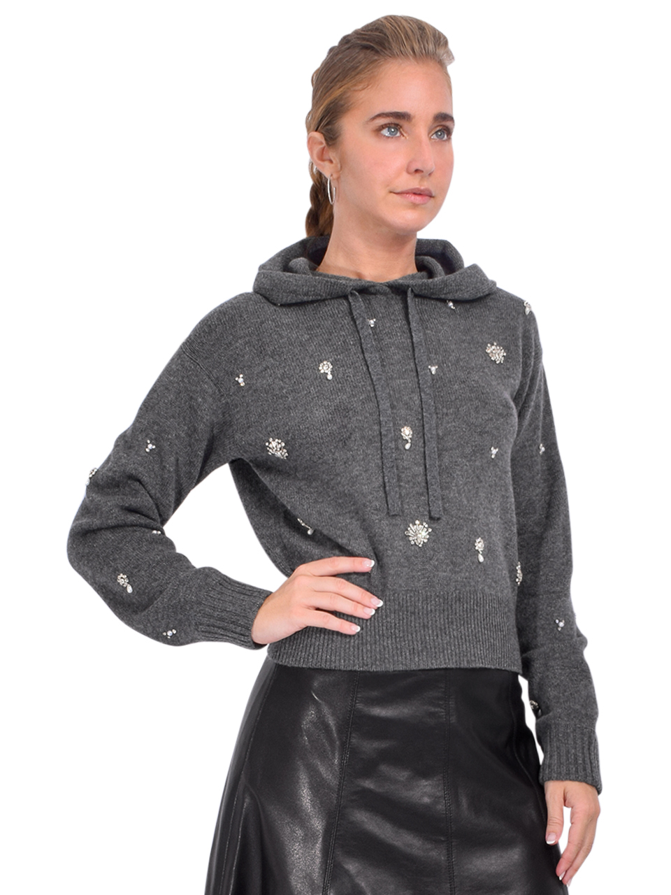 SIMKHAI Karmen Embellished Cashmere Hoodie in Charcoal Gray Side View 
