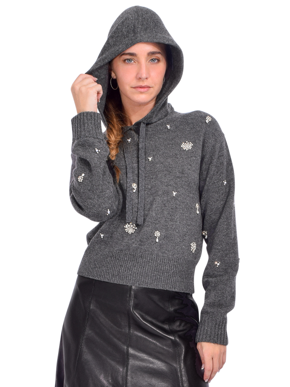 SIMKHAI Karmen Embellished Cashmere Hoodie in Charcoal Gray Front View with Hood on 

