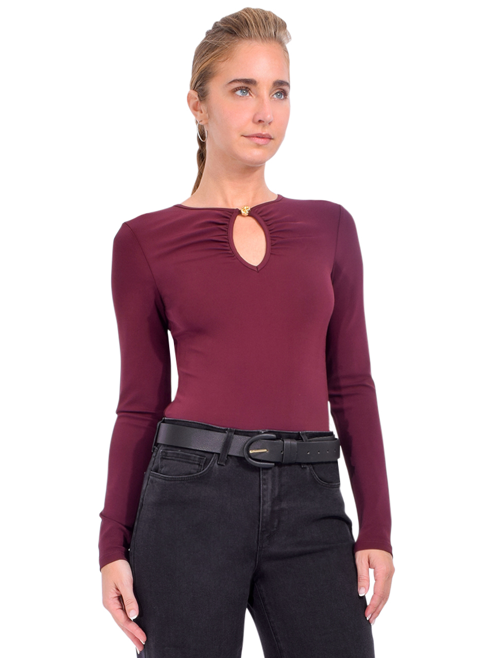 FRAME Keyhole Top in Burgundy Side View 