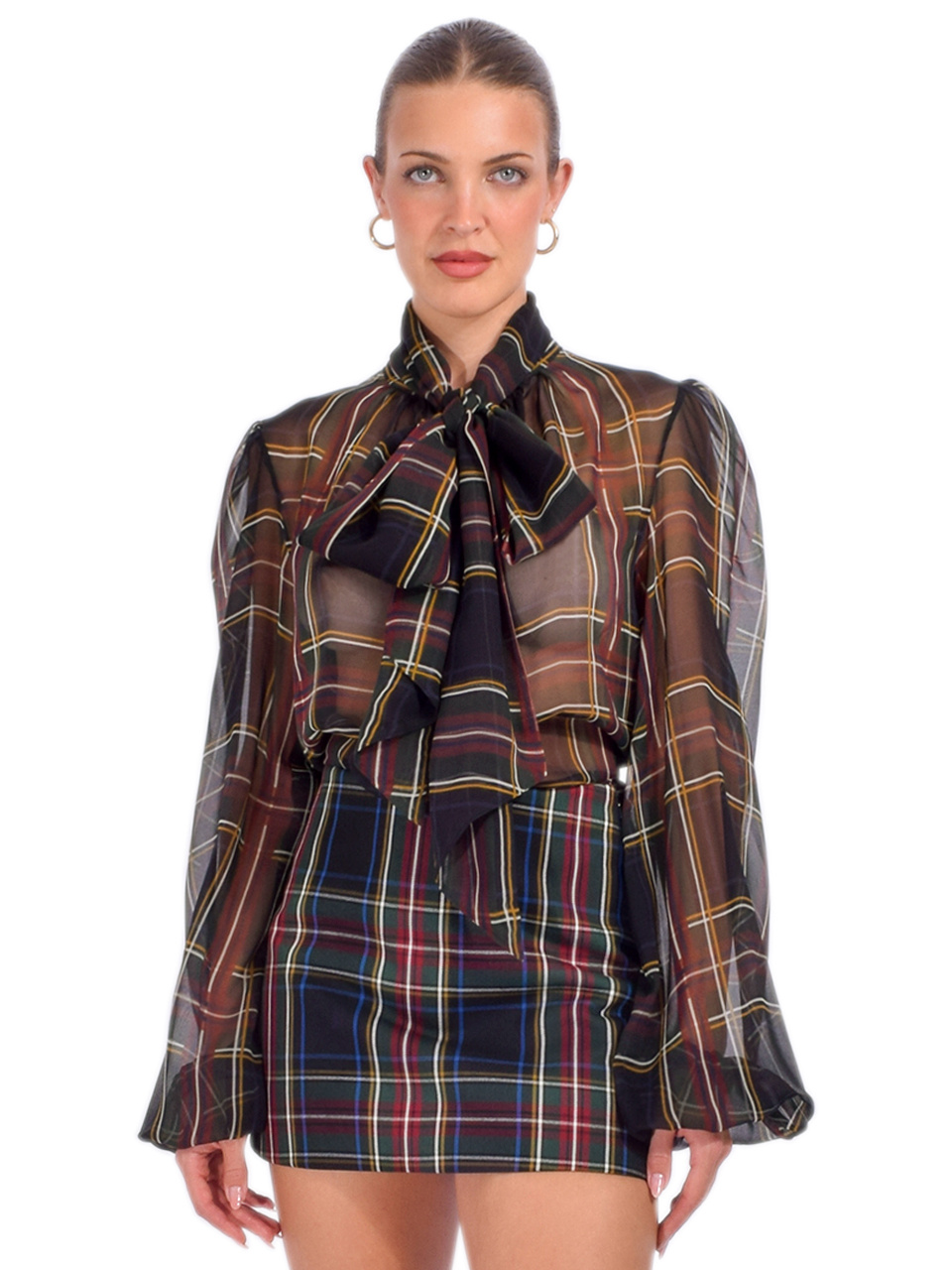Retrofete Rhianna Silk Blouse in Black Tartan Front View 