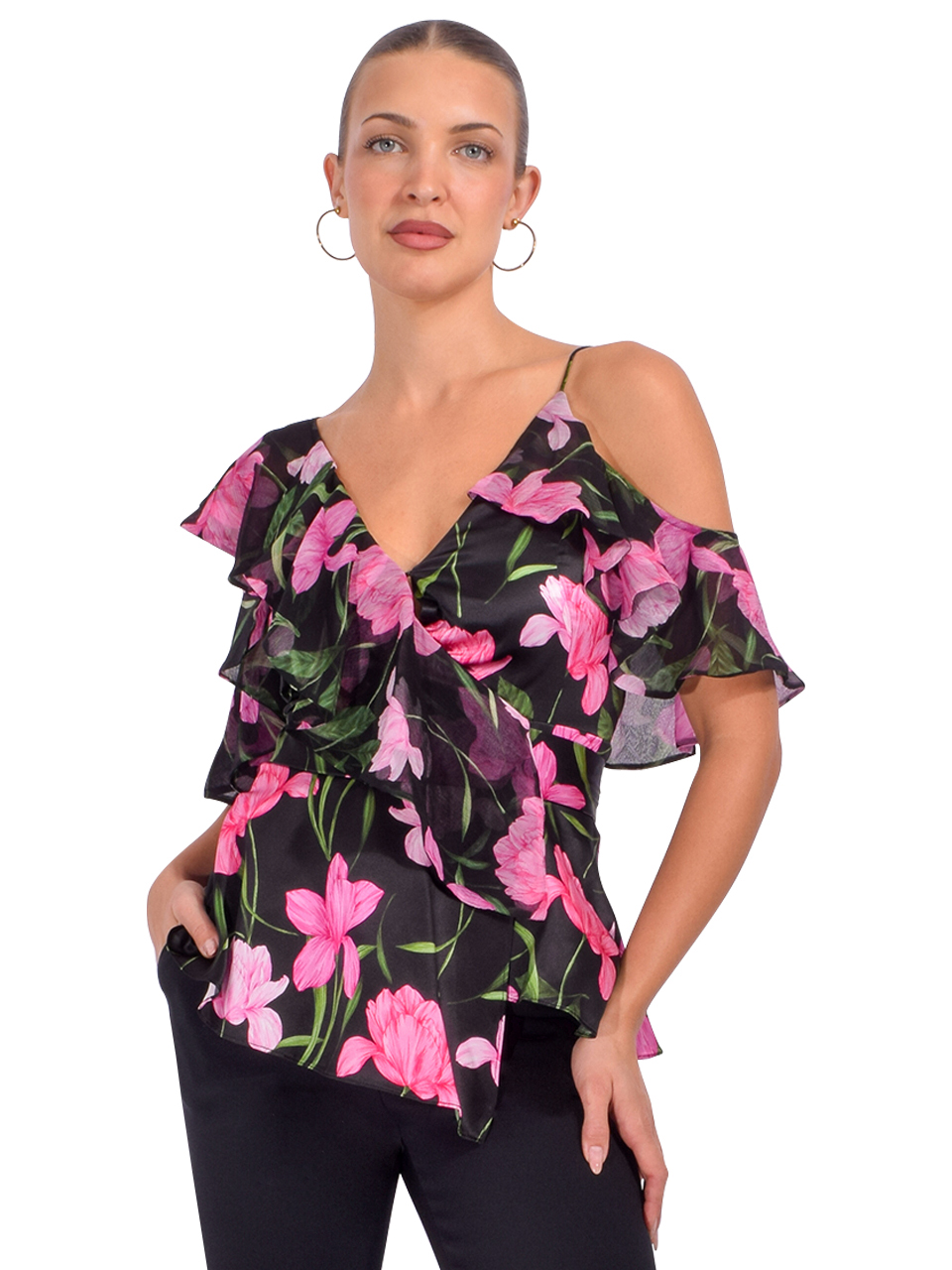 Christy Lynn Roan Ruffle Top in Onyx Florette Front View 
