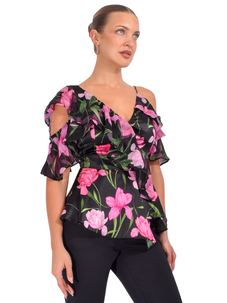 Christy Lynn Roan Ruffle Top in Onyx Florette Side View 

