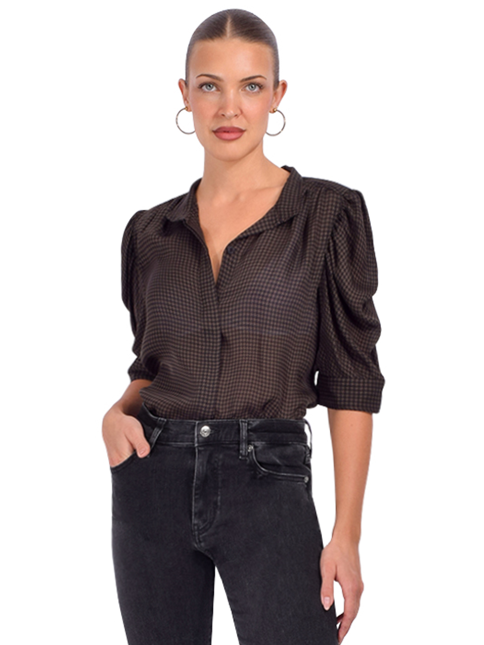 Frame Houndstooth Gillian Top in Americano Multi Front View 