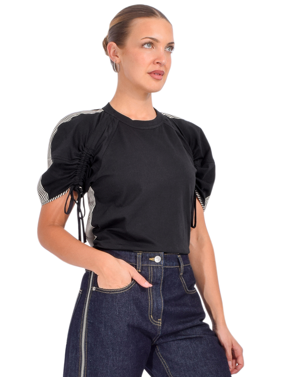3.1 Phillip Lim Ruched T-Shirt with Poplin Back in Black Multi Side View 