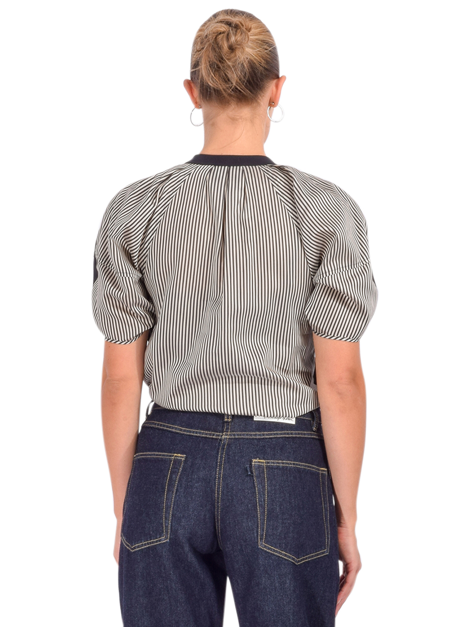 3.1 Phillip Lim Ruched T-Shirt with Poplin Back in Black Multi Back View 