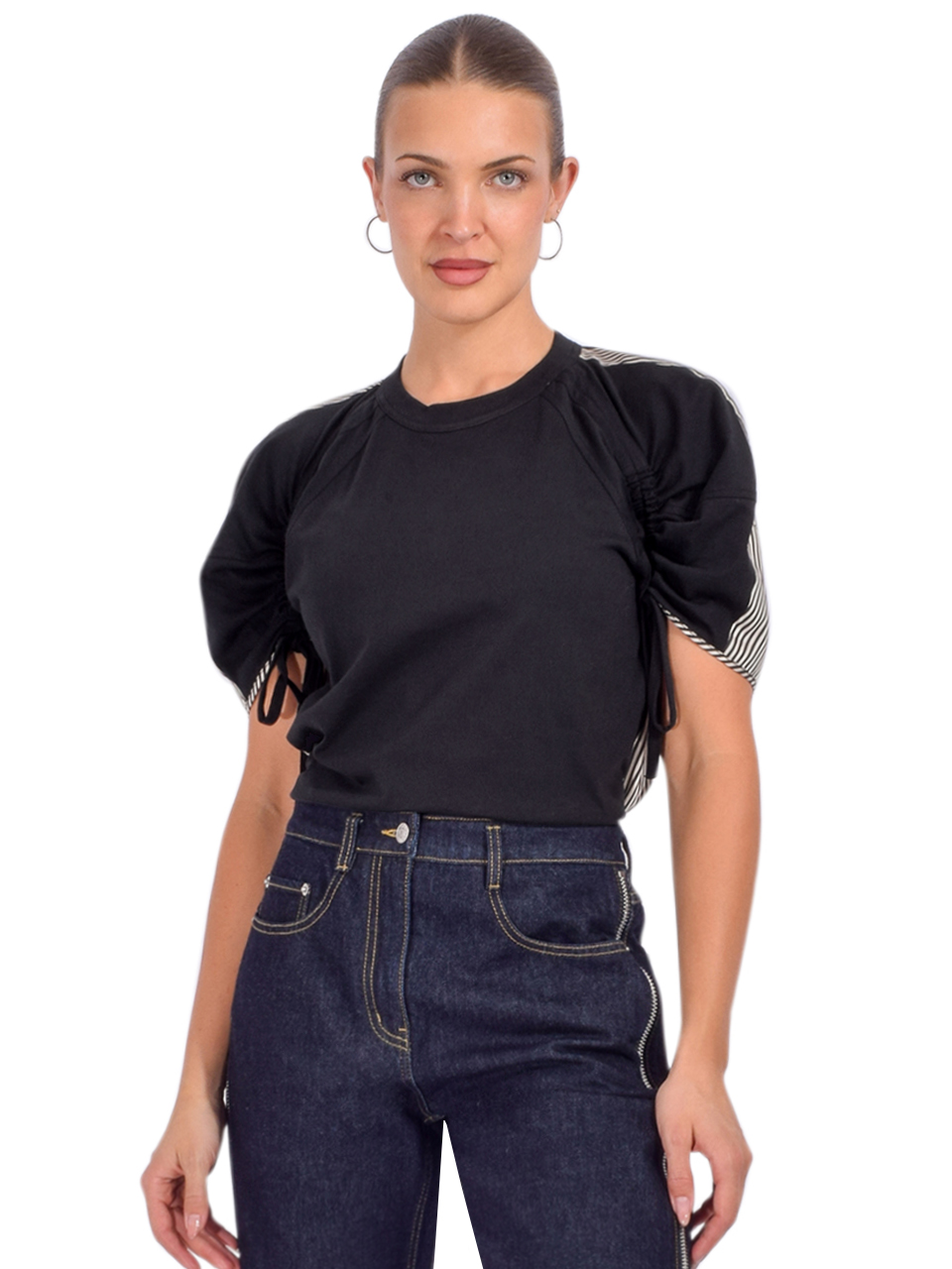 3.1 Phillip Lim Ruched T-Shirt with Poplin Back in Black Multi Front View 