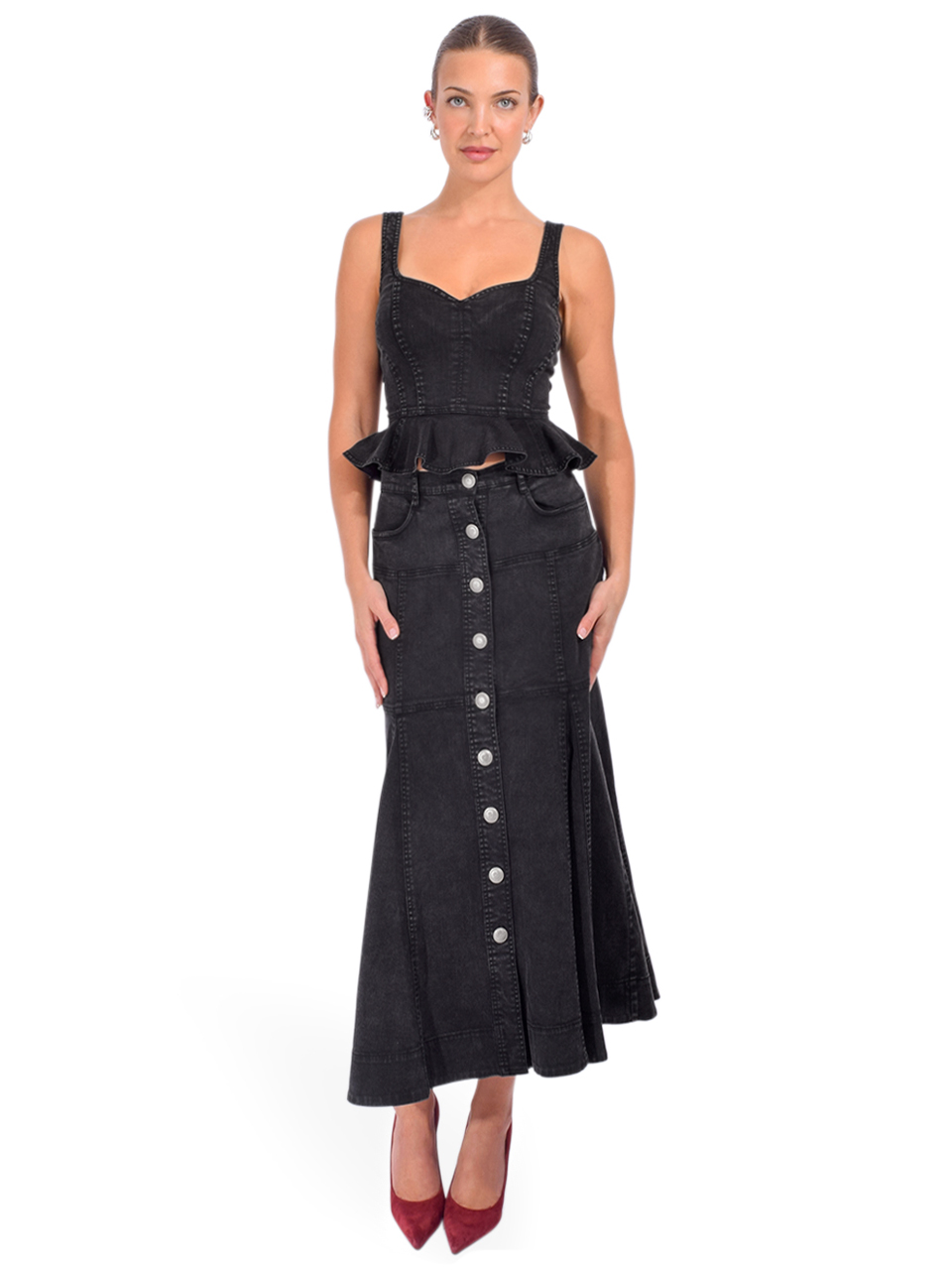 LOVE THE LABEL Romeo Skirt in Midnight Denim Full Outfit 