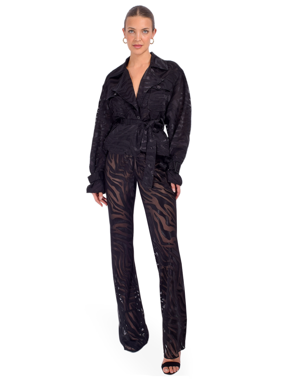L'AMARQUE Becky Zebra Sheer Pant in Black Full Outfit 

