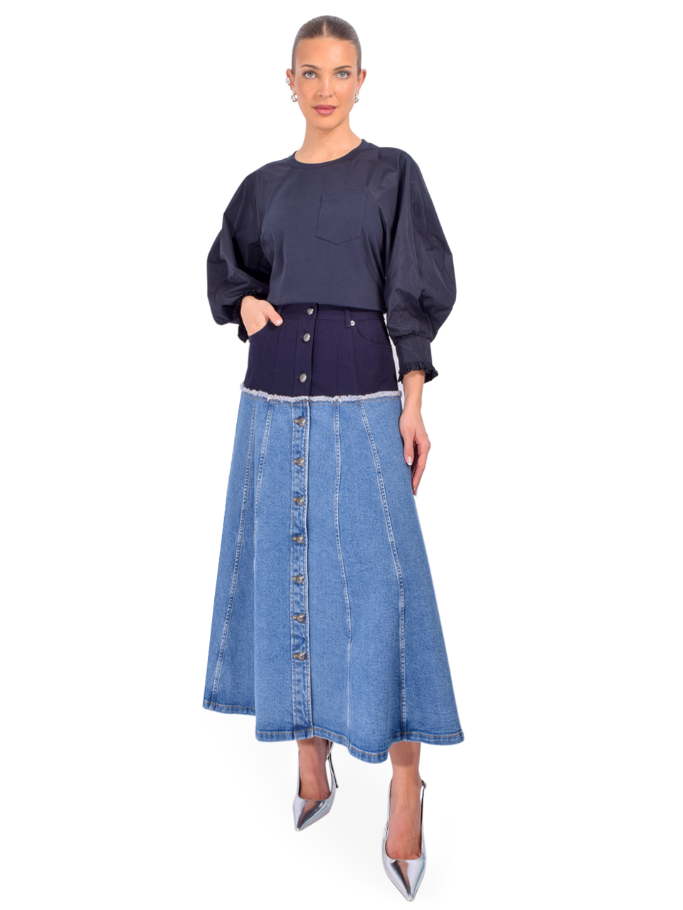 CINQ À SEPT Veena Skirt in Combo Blue Full Outfit 