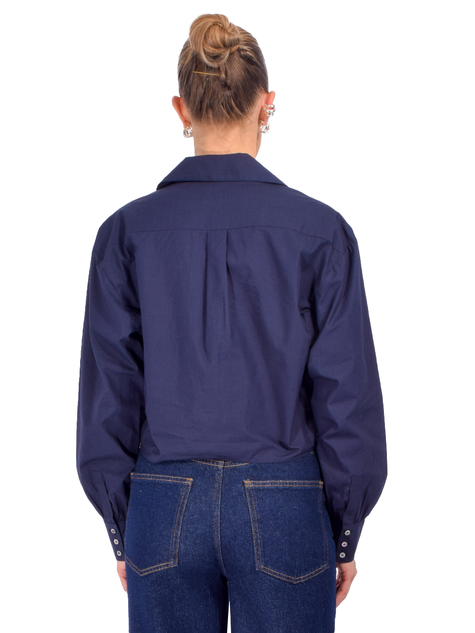 CINQ À SEPT Marianna Crunchy Flower Appliqué Top in Navy Back View 

