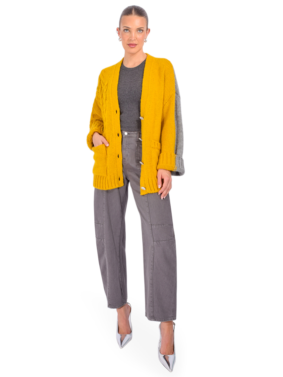 ESSENTIEL ANTWERP Jokes Cardigan in Yellow/Gray Full Outfit 