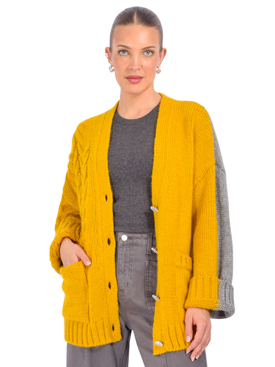 ESSENTIEL ANTWERP Jokes Cardigan in Yellow/Gray Front View 