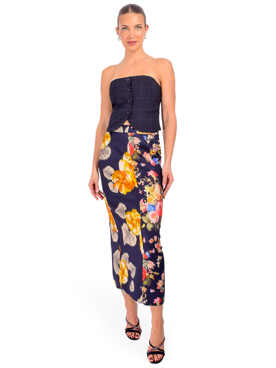 ESSENTIEL ANTWERP Jonsea Midi Pencil Skirt in Floral Multi Full Outfit  