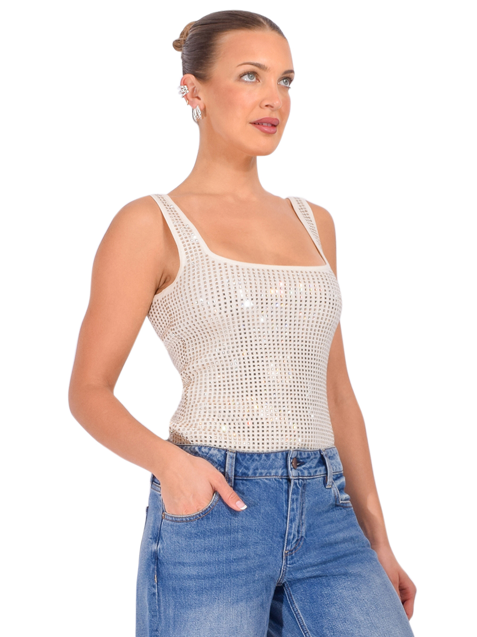 RETROFÊTE Marzia Embellished Top in Winter White Side View 